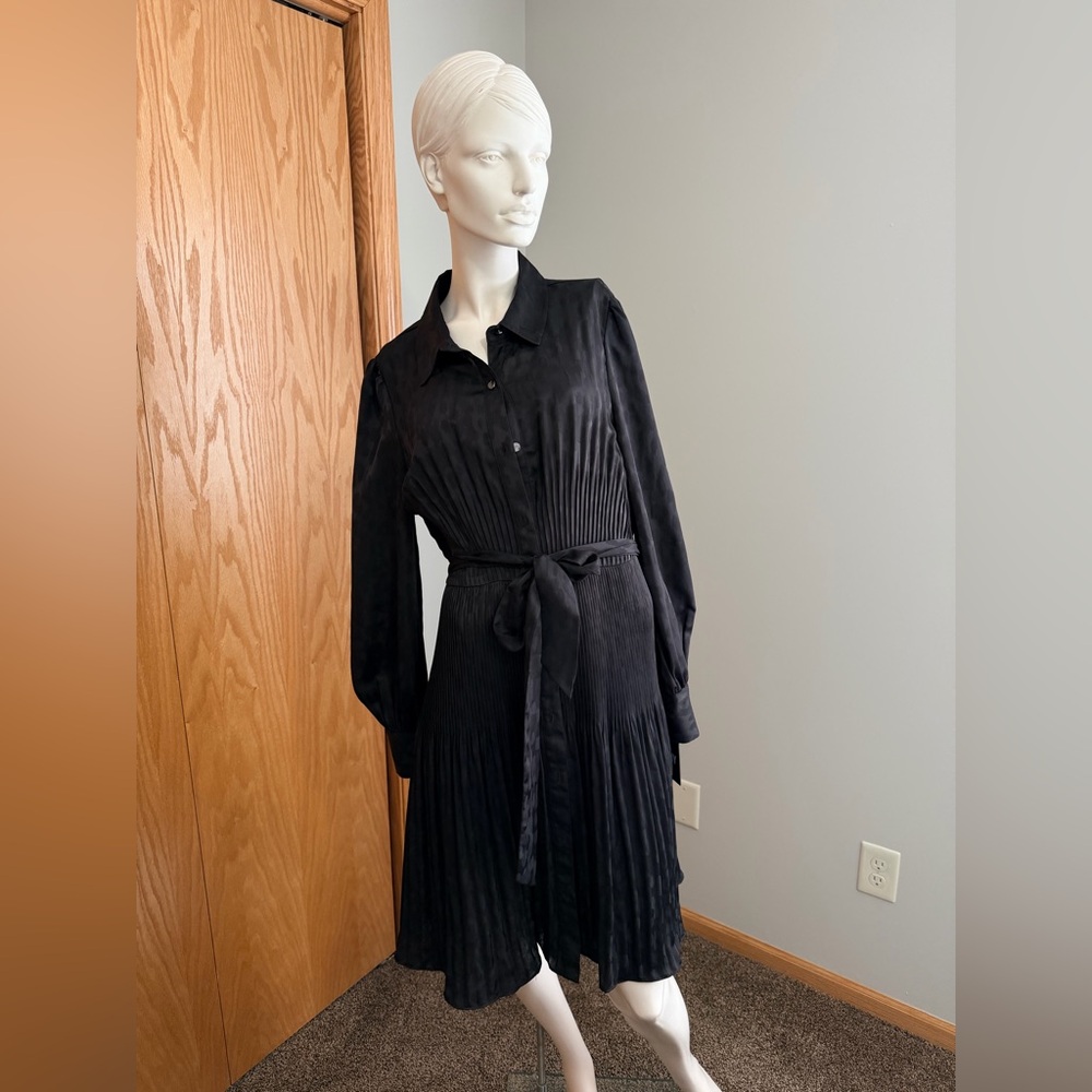 DKNY Black Long Sleeve Pleated Dress